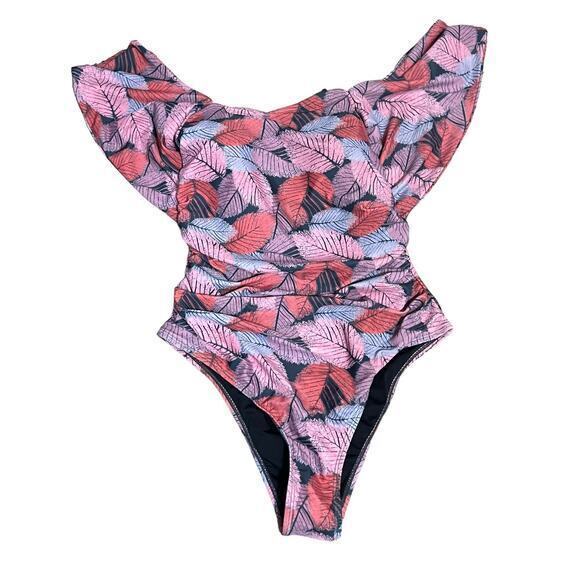 Beachsissi Bathing Suit Size Medium Off Shoulder Cross Back Straps Gray Pink NWT - Picture 1 of 12